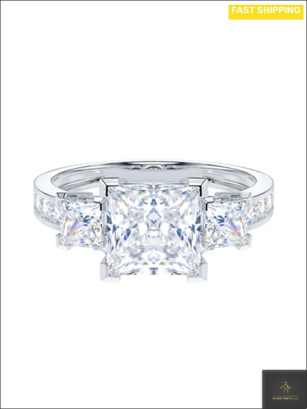 14k White Gold Three Stone Engagement Ring Princess Cut Moissanite
